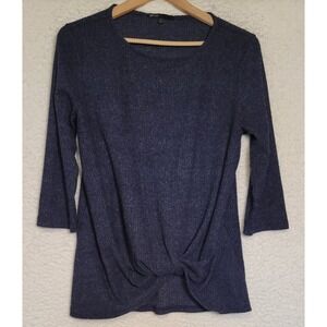 Gibson Blue Knit Top Size Large Twist Hem High Neck 3/4 Sleeve 1003